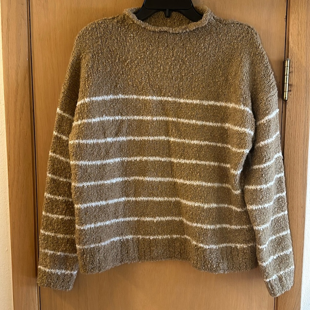 J. Crew Factory Brown and White Striped Roll  Neck Sweater